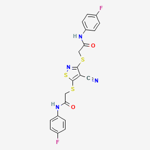 molecular formula C20H14F2N4O2S3 B11488274 2,2'-[(4-cyano-1,2-thiazole-3,5-diyl)disulfanediyl]bis[N-(4-fluorophenyl)acetamide] 