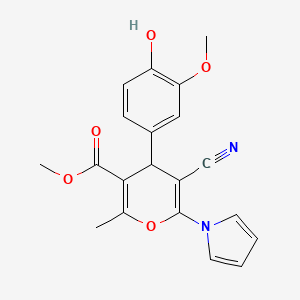 molecular formula C20H18N2O5 B11488554 methyl 5-cyano-4-(4-hydroxy-3-methoxyphenyl)-2-methyl-6-(1H-pyrrol-1-yl)-4H-pyran-3-carboxylate 