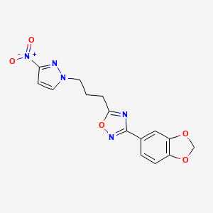 molecular formula C15H13N5O5 B11489139 3-(1,3-benzodioxol-5-yl)-5-[3-(3-nitro-1H-pyrazol-1-yl)propyl]-1,2,4-oxadiazole 