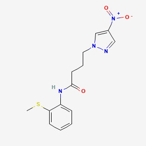 molecular formula C14H16N4O3S B11489551 N-[2-(methylsulfanyl)phenyl]-4-(4-nitro-1H-pyrazol-1-yl)butanamide 