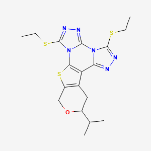 molecular formula C18H22N6OS3 B11489716 3,8-bis(ethylsulfanyl)-15-propan-2-yl-16-oxa-19-thia-2,4,5,7,9,10-hexazapentacyclo[10.7.0.02,6.07,11.013,18]nonadeca-1(12),3,5,8,10,13(18)-hexaene 