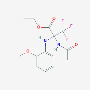 molecular formula C14H17F3N2O4 B11489752 Propanoic acid, 2-(acetylamino)-3,3,3-trifluoro-2-[(2-methoxyphenyl)amino]-, ethyl ester 