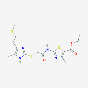 molecular formula C16H22N4O3S3 B11489763 ethyl 4-methyl-2-{[({4-methyl-5-[2-(methylsulfanyl)ethyl]-1H-imidazol-2-yl}sulfanyl)acetyl]amino}-1,3-thiazole-5-carboxylate 