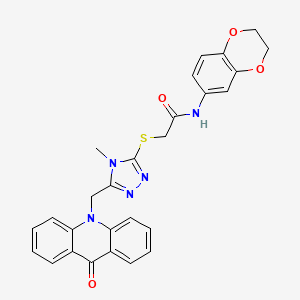 molecular formula C27H23N5O4S B11489931 N-(2,3-dihydro-1,4-benzodioxin-6-yl)-2-({4-methyl-5-[(9-oxoacridin-10(9H)-yl)methyl]-4H-1,2,4-triazol-3-yl}sulfanyl)acetamide 