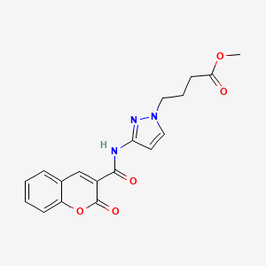 molecular formula C18H17N3O5 B11489995 1H-Pyrazole-1-butanoic acid, 3-[[(2-oxo-2H-1-benzopyran-3-yl)carbonyl]amino]-, methyl ester 