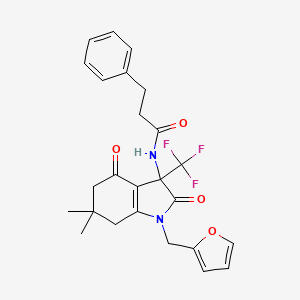 molecular formula C25H25F3N2O4 B11490324 N-[1-(furan-2-ylmethyl)-6,6-dimethyl-2,4-dioxo-3-(trifluoromethyl)-2,3,4,5,6,7-hexahydro-1H-indol-3-yl]-3-phenylpropanamide 