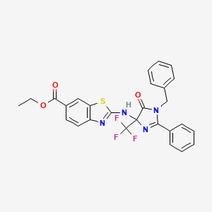 molecular formula C27H21F3N4O3S B11490419 ethyl 2-{[1-benzyl-5-oxo-2-phenyl-4-(trifluoromethyl)-4,5-dihydro-1H-imidazol-4-yl]amino}-1,3-benzothiazole-6-carboxylate 