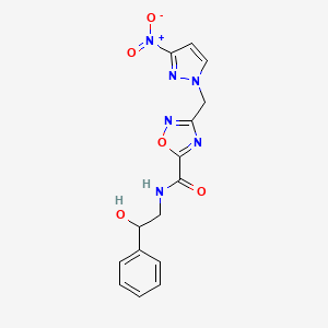 molecular formula C15H14N6O5 B11490421 N-(2-hydroxy-2-phenylethyl)-3-[(3-nitro-1H-pyrazol-1-yl)methyl]-1,2,4-oxadiazole-5-carboxamide 