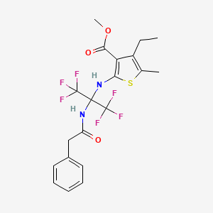 molecular formula C20H20F6N2O3S B11490784 Methyl 4-ethyl-2-({1,1,1,3,3,3-hexafluoro-2-[(phenylacetyl)amino]propan-2-yl}amino)-5-methylthiophene-3-carboxylate 