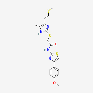 molecular formula C19H22N4O2S3 B11491220 N-[4-(4-methoxyphenyl)-1,3-thiazol-2-yl]-2-({4-methyl-5-[2-(methylsulfanyl)ethyl]-1H-imidazol-2-yl}sulfanyl)acetamide 