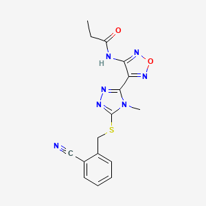 molecular formula C16H15N7O2S B11491256 Propanamide, N-[4-[5-[[(2-cyanophenyl)methyl]thio]-4-methyl-4H-1,2,4-triazol-3-yl]-1,2,5-oxadiazol-3-yl]- 