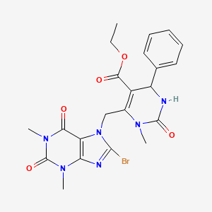 molecular formula C22H23BrN6O5 B11492045 ethyl 6-[(8-bromo-1,3-dimethyl-2,6-dioxo-1,2,3,6-tetrahydro-7H-purin-7-yl)methyl]-1-methyl-2-oxo-4-phenyl-1,2,3,4-tetrahydropyrimidine-5-carboxylate 