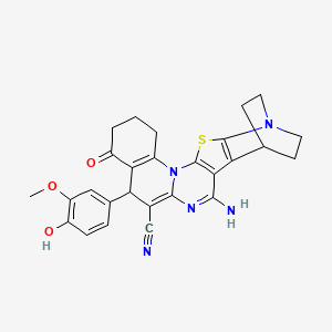 molecular formula C27H25N5O3S B11492046 4-amino-8-(4-hydroxy-3-methoxyphenyl)-10-oxo-17-thia-5,15,19-triazahexacyclo[17.2.2.02,18.03,16.06,15.09,14]tricosa-2(18),3(16),4,6,9(14)-pentaene-7-carbonitrile 