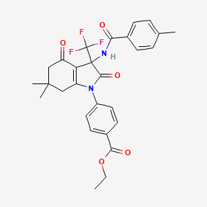 molecular formula C28H27F3N2O5 B11492826 ethyl 4-[6,6-dimethyl-3-{[(4-methylphenyl)carbonyl]amino}-2,4-dioxo-3-(trifluoromethyl)-2,3,4,5,6,7-hexahydro-1H-indol-1-yl]benzoate 