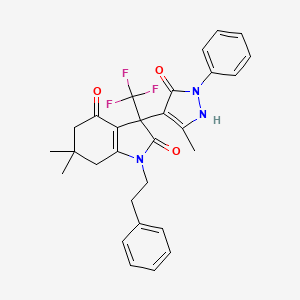 6,6-dimethyl-3-(5-methyl-3-oxo-2-phenyl-2,3-dihydro-1H-pyrazol-4-yl)-1-(2-phenylethyl)-3-(trifluoromethyl)-3,5,6,7-tetrahydro-1H-indole-2,4-dione