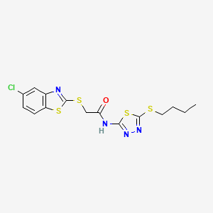 molecular formula C15H15ClN4OS4 B11493549 N-[5-(butylsulfanyl)-1,3,4-thiadiazol-2-yl]-2-[(5-chloro-1,3-benzothiazol-2-yl)sulfanyl]acetamide 