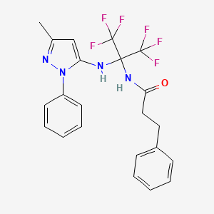 molecular formula C22H20F6N4O B11493946 N-{1,1,1,3,3,3-hexafluoro-2-[(3-methyl-1-phenyl-1H-pyrazol-5-yl)amino]propan-2-yl}-3-phenylpropanamide 