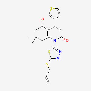 molecular formula C20H21N3O2S3 B11494029 7,7-dimethyl-1-[5-(prop-2-en-1-ylsulfanyl)-1,3,4-thiadiazol-2-yl]-4-(thiophen-3-yl)-4,6,7,8-tetrahydroquinoline-2,5(1H,3H)-dione 