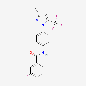 molecular formula C18H13F4N3O B11494035 3-fluoro-N-{4-[3-methyl-5-(trifluoromethyl)-1H-pyrazol-1-yl]phenyl}benzamide 