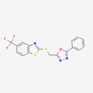 molecular formula C17H10F3N3OS2 B11494209 2-{[(5-Phenyl-1,3,4-oxadiazol-2-yl)methyl]sulfanyl}-5-(trifluoromethyl)-1,3-benzothiazole 