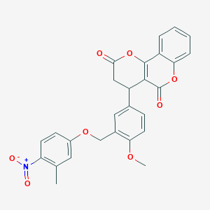 molecular formula C27H21NO8 B11494377 4-{4-methoxy-3-[(3-methyl-4-nitrophenoxy)methyl]phenyl}-3,4-dihydro-2H,5H-pyrano[3,2-c]chromene-2,5-dione 