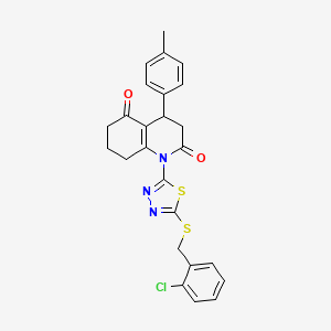 molecular formula C25H22ClN3O2S2 B11494479 1-{5-[(2-chlorobenzyl)sulfanyl]-1,3,4-thiadiazol-2-yl}-4-(4-methylphenyl)-4,6,7,8-tetrahydroquinoline-2,5(1H,3H)-dione 