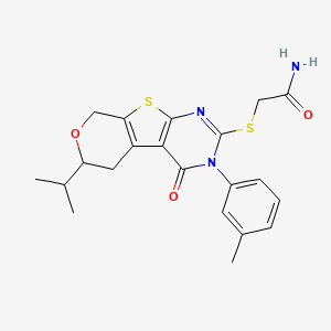 molecular formula C21H23N3O3S2 B11494821 2-[[4-(3-methylphenyl)-3-oxo-12-propan-2-yl-11-oxa-8-thia-4,6-diazatricyclo[7.4.0.02,7]trideca-1(9),2(7),5-trien-5-yl]sulfanyl]acetamide 