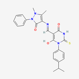 molecular formula C25H25N5O3S B11495608 (5E)-5-{[(1,5-dimethyl-3-oxo-2-phenyl-2,3-dihydro-1H-pyrazol-4-yl)amino]methylidene}-1-[4-(propan-2-yl)phenyl]-2-sulfanylpyrimidine-4,6(1H,5H)-dione 