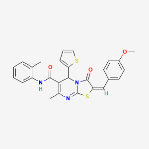 molecular formula C27H23N3O3S2 B11495654 (2E)-2-(4-methoxybenzylidene)-7-methyl-N-(2-methylphenyl)-3-oxo-5-(thiophen-2-yl)-2,3-dihydro-5H-[1,3]thiazolo[3,2-a]pyrimidine-6-carboxamide 