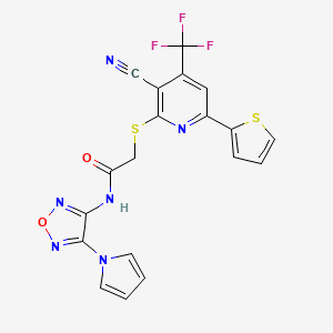 molecular formula C19H11F3N6O2S2 B11495676 2-{[3-cyano-6-(thiophen-2-yl)-4-(trifluoromethyl)pyridin-2-yl]sulfanyl}-N-[4-(1H-pyrrol-1-yl)-1,2,5-oxadiazol-3-yl]acetamide 