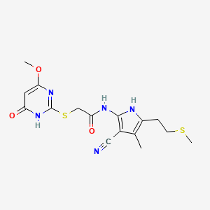 molecular formula C16H19N5O3S2 B11495941 N-{3-cyano-4-methyl-5-[2-(methylsulfanyl)ethyl]-1H-pyrrol-2-yl}-2-[(4-methoxy-6-oxo-1,6-dihydropyrimidin-2-yl)sulfanyl]acetamide 