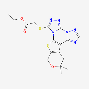 molecular formula C17H18N6O3S2 B11496007 ethyl 2-[(15,15-dimethyl-16-oxa-19-thia-2,4,5,7,8,10-hexazapentacyclo[10.7.0.02,6.07,11.013,18]nonadeca-1(12),3,5,8,10,13(18)-hexaen-3-yl)sulfanyl]acetate 