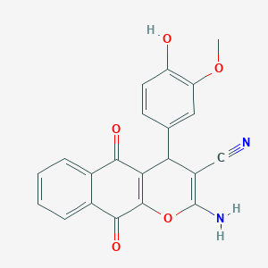 molecular formula C21H14N2O5 B11496456 2-amino-4-(4-hydroxy-3-methoxyphenyl)-5,10-dioxo-5,10-dihydro-4H-benzo[g]chromene-3-carbonitrile 