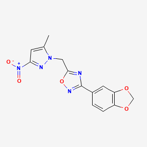 molecular formula C14H11N5O5 B11496623 3-(1,3-benzodioxol-5-yl)-5-[(5-methyl-3-nitro-1H-pyrazol-1-yl)methyl]-1,2,4-oxadiazole 