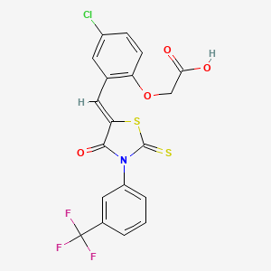 molecular formula C19H11ClF3NO4S2 B11496674 2-[4-Chloro-2-({4-oxo-2-thioxo-3-[3-(trifluoromethyl)phenyl]-1,3-thiazolan-5-yliden}methyl)phenoxy]acetic acid 