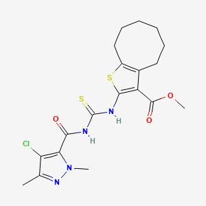 molecular formula C19H23ClN4O3S2 B11496851 methyl 2-({[(4-chloro-1,3-dimethyl-1H-pyrazol-5-yl)carbonyl]carbamothioyl}amino)-4,5,6,7,8,9-hexahydrocycloocta[b]thiophene-3-carboxylate 