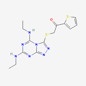 molecular formula C14H17N7OS2 B11497012 2-{[5,7-Bis(ethylamino)[1,2,4]triazolo[4,3-a][1,3,5]triazin-3-yl]sulfanyl}-1-(thiophen-2-yl)ethanone 