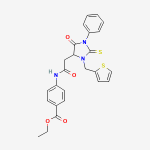 molecular formula C25H23N3O4S2 B11497360 Ethyl 4-({[5-oxo-1-phenyl-3-(thiophen-2-ylmethyl)-2-thioxoimidazolidin-4-yl]acetyl}amino)benzoate 