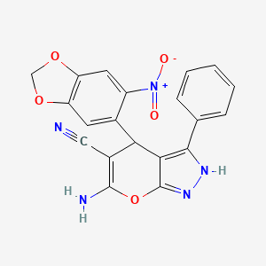 molecular formula C20H13N5O5 B11497622 6-Amino-4-(6-nitro-1,3-benzodioxol-5-yl)-3-phenyl-1,4-dihydropyrano[2,3-c]pyrazole-5-carbonitrile 