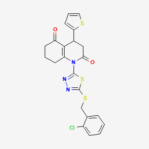 molecular formula C22H18ClN3O2S3 B11497638 1-{5-[(2-chlorobenzyl)sulfanyl]-1,3,4-thiadiazol-2-yl}-4-(thiophen-2-yl)-4,6,7,8-tetrahydroquinoline-2,5(1H,3H)-dione 