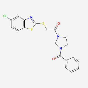 molecular formula C19H16ClN3O2S2 B11498338 2-[(5-Chloro-1,3-benzothiazol-2-yl)sulfanyl]-1-[3-(phenylcarbonyl)imidazolidin-1-yl]ethanone 