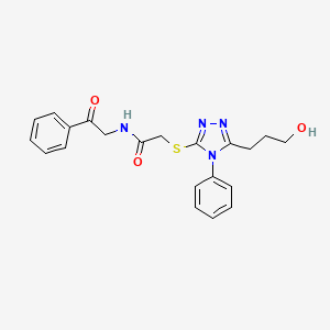 molecular formula C21H22N4O3S B11498346 2-{[5-(3-hydroxypropyl)-4-phenyl-4H-1,2,4-triazol-3-yl]sulfanyl}-N-(2-oxo-2-phenylethyl)acetamide 