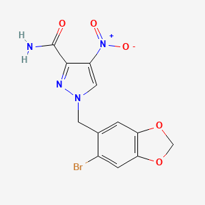 molecular formula C12H9BrN4O5 B11498438 1-[(6-bromo-1,3-benzodioxol-5-yl)methyl]-4-nitro-1H-pyrazole-3-carboxamide 