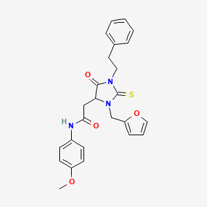 molecular formula C25H25N3O4S B11498866 2-[3-(furan-2-ylmethyl)-5-oxo-1-(2-phenylethyl)-2-thioxoimidazolidin-4-yl]-N-(4-methoxyphenyl)acetamide 