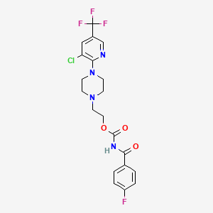 molecular formula C20H19ClF4N4O3 B11499599 2-{4-[3-Chloro-5-(trifluoromethyl)pyridin-2-YL]piperazin-1-YL}ethyl N-(4-fluorobenzoyl)carbamate 