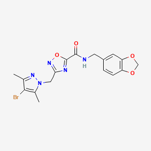 molecular formula C17H16BrN5O4 B11499683 N-(1,3-benzodioxol-5-ylmethyl)-3-[(4-bromo-3,5-dimethyl-1H-pyrazol-1-yl)methyl]-1,2,4-oxadiazole-5-carboxamide 