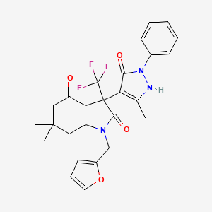 molecular formula C26H24F3N3O4 B11499762 1-(furan-2-ylmethyl)-6,6-dimethyl-3-(5-methyl-3-oxo-2-phenyl-2,3-dihydro-1H-pyrazol-4-yl)-3-(trifluoromethyl)-3,5,6,7-tetrahydro-1H-indole-2,4-dione 