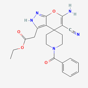 molecular formula C22H23N5O4 B11500764 Ethyl 2-{6'-amino-1-benzoyl-5'-cyano-2'H-spiro[piperidine-4,4'-pyrano[2,3-C]pyrazol]-3'-YL}acetate 