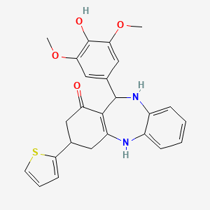 molecular formula C25H24N2O4S B11500947 11-(4-hydroxy-3,5-dimethoxyphenyl)-3-(thiophen-2-yl)-2,3,4,5,10,11-hexahydro-1H-dibenzo[b,e][1,4]diazepin-1-one 