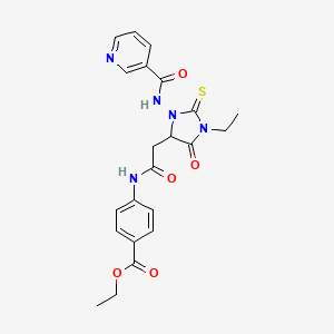 molecular formula C22H23N5O5S B11500970 Ethyl 4-[({1-ethyl-5-oxo-3-[(pyridin-3-ylcarbonyl)amino]-2-thioxoimidazolidin-4-yl}acetyl)amino]benzoate 